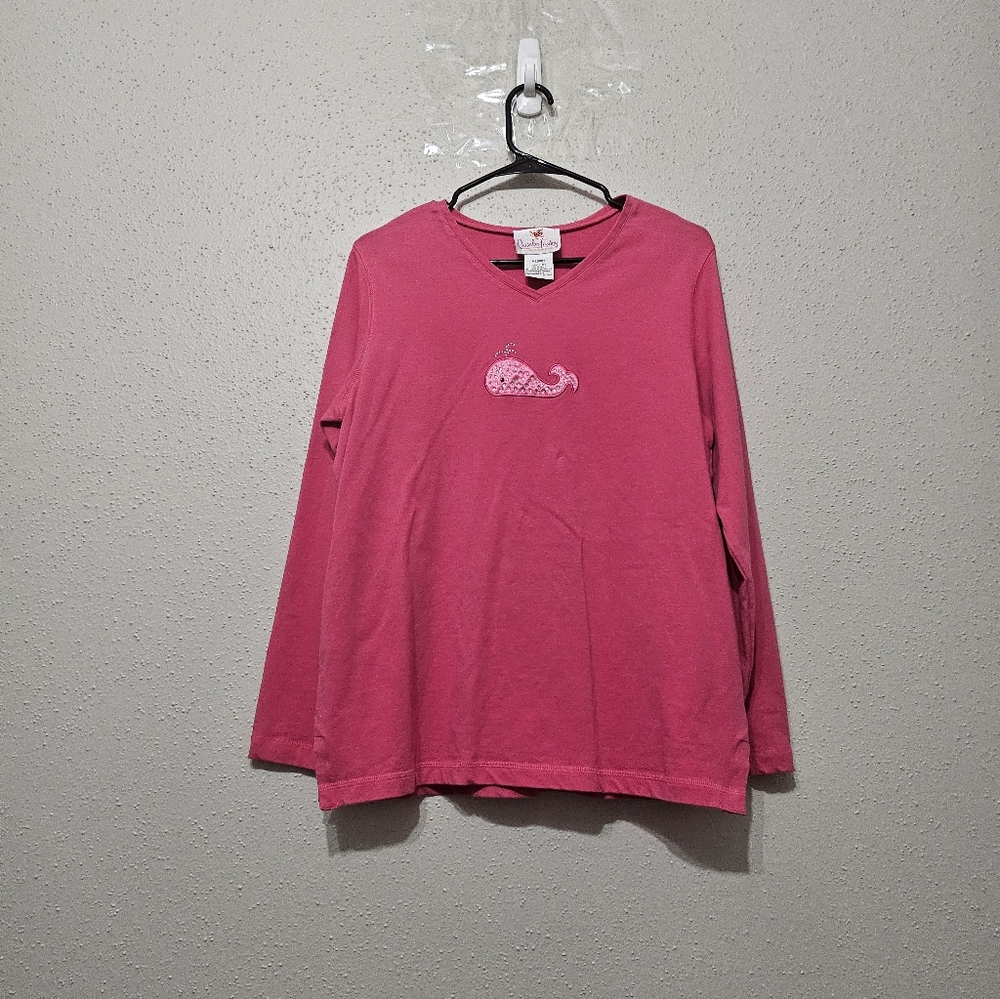 Quacker Factory Pink Whale Rhinestone V-neck Top M‎ Y2K Cottagecore Embellished